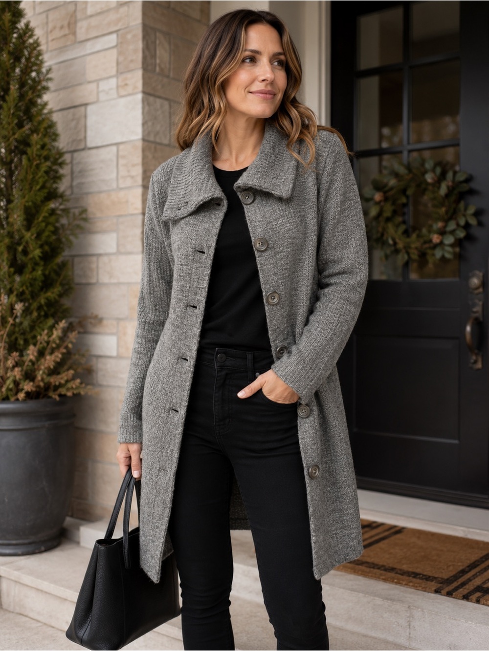 Sense Gray Longline Cardigan Jacket Alpaca Wool Blend Button Front